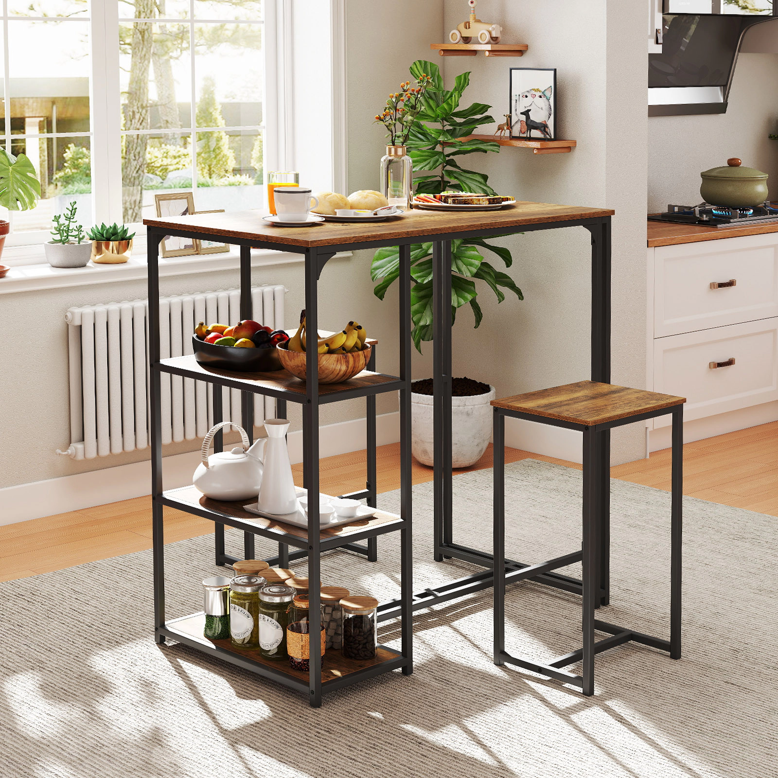 SUGIFT 3-Piece Bar-Height Dining Table Set 2 Stools 220-/330-lb Capacity 44-in Table with Storage Shelves Coffee+Black
