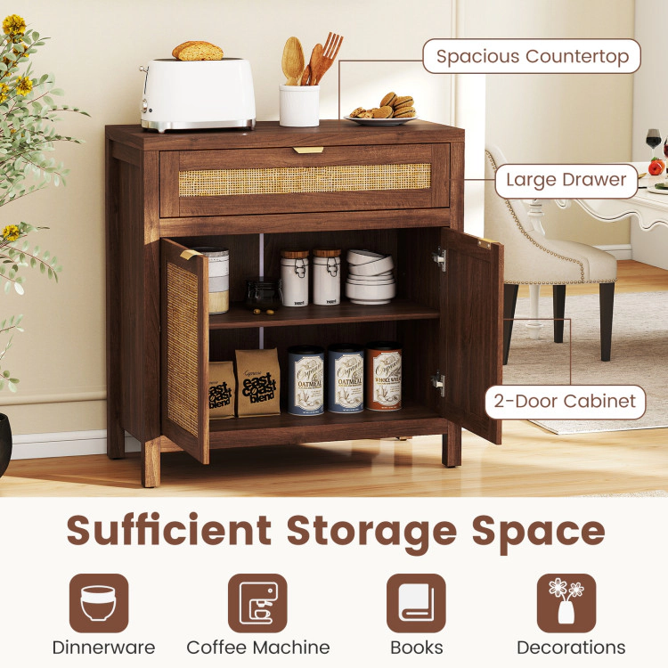 Hivvago Sideboard Storage Cabinet With Rattan Doors And Drawer-Brown