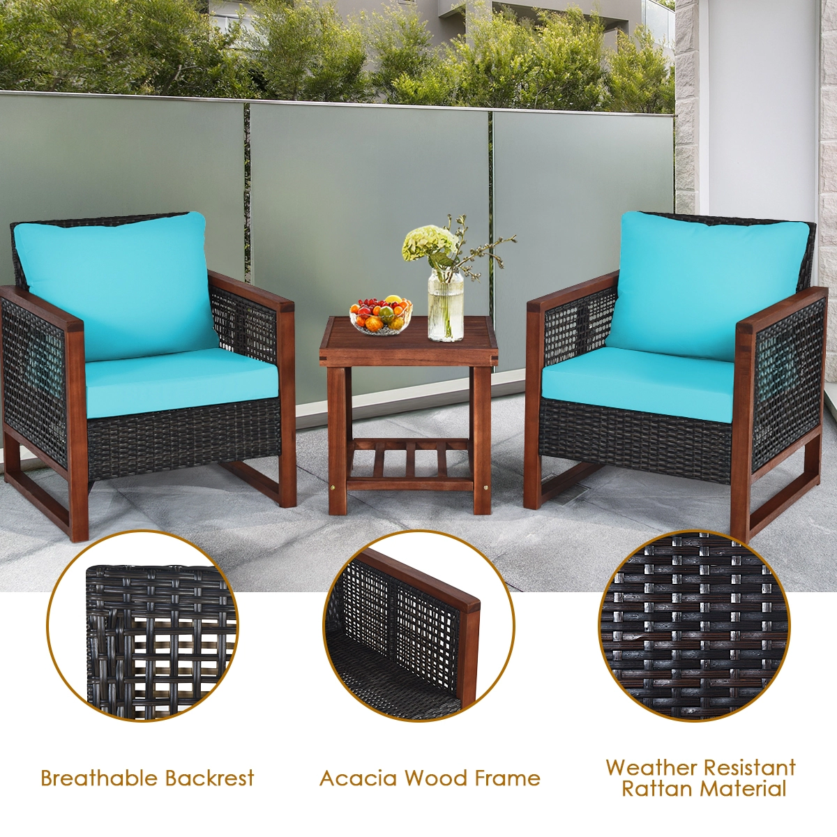 SUGIFT Turquoise 2-Shelf Coffee Table 3-Piece Acacia Wood and Rattan Patio Chair Set