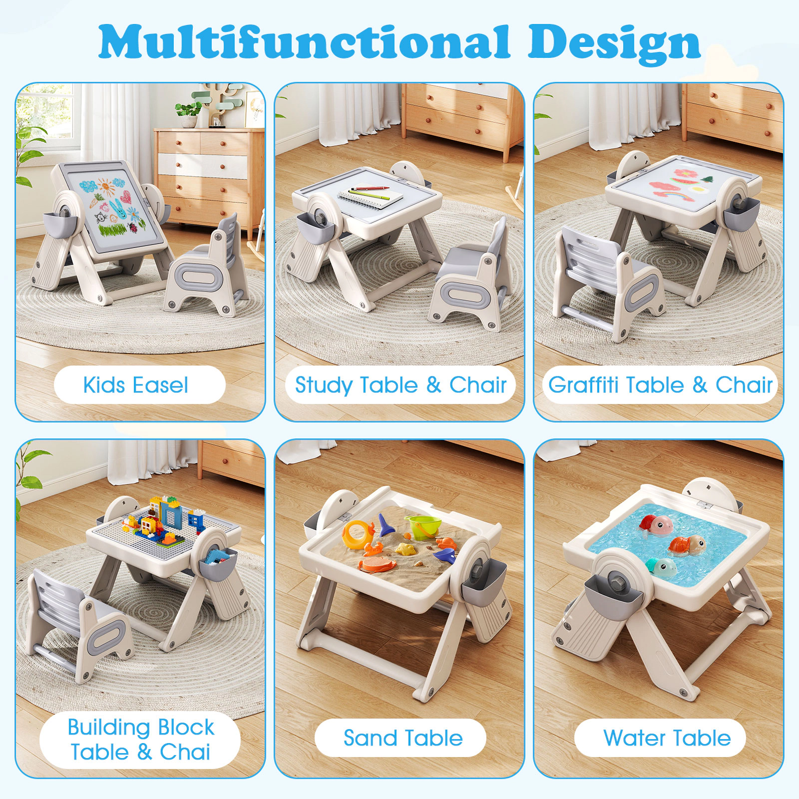 SUGIFT 6-in-1 Multi-activity Kids Table & Chair Set with Folding Art Easel 110-lb Capacity Ages 18+ Months Gray & Beige