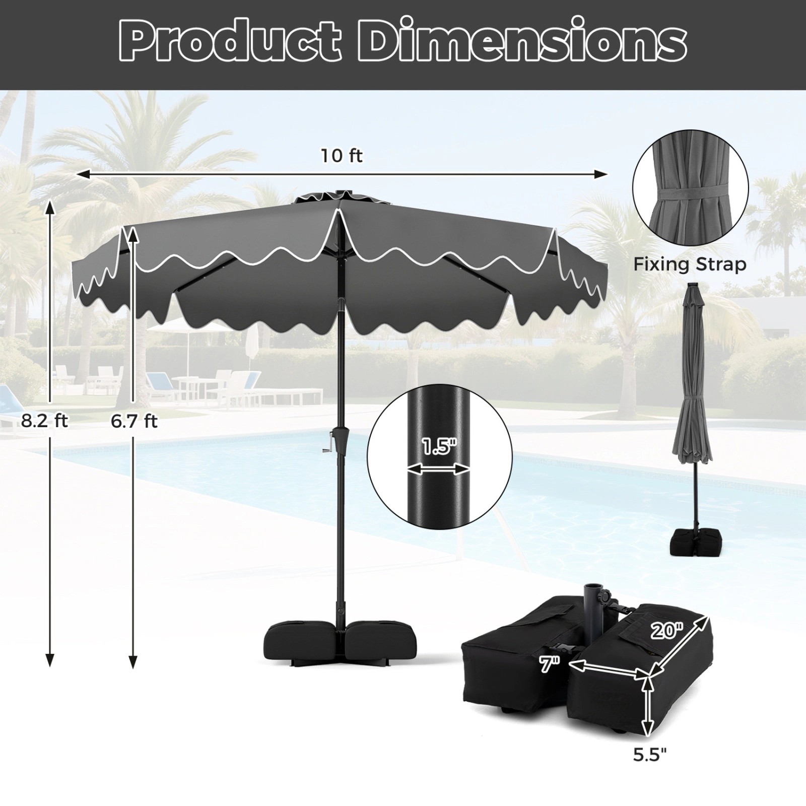 SUGIFT 10-ft Gray Solar LED Patio Umbrella with Weighted Base, Manual Tilt and Crank Lift