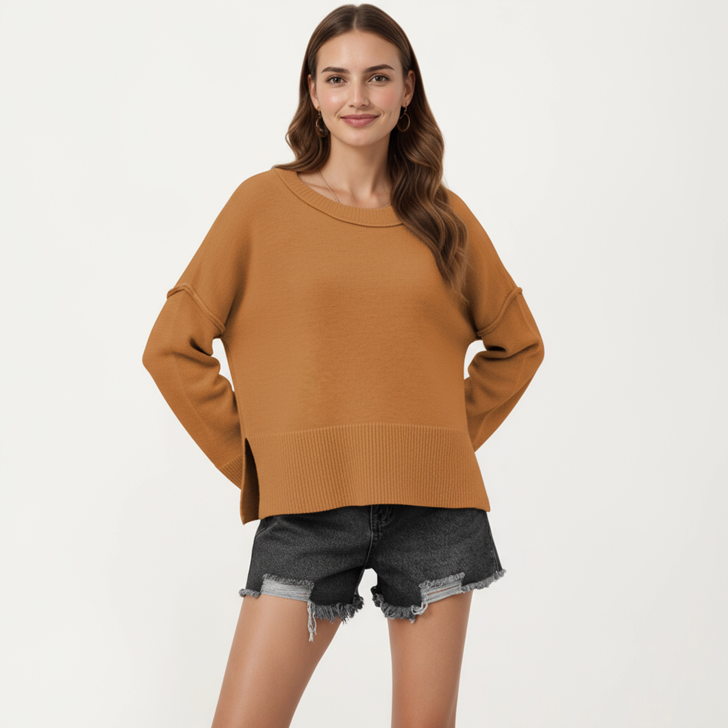 Anna-Kaci Women's Solid Wide Ribbed Hem Relaxed Fit Pullover Sweater