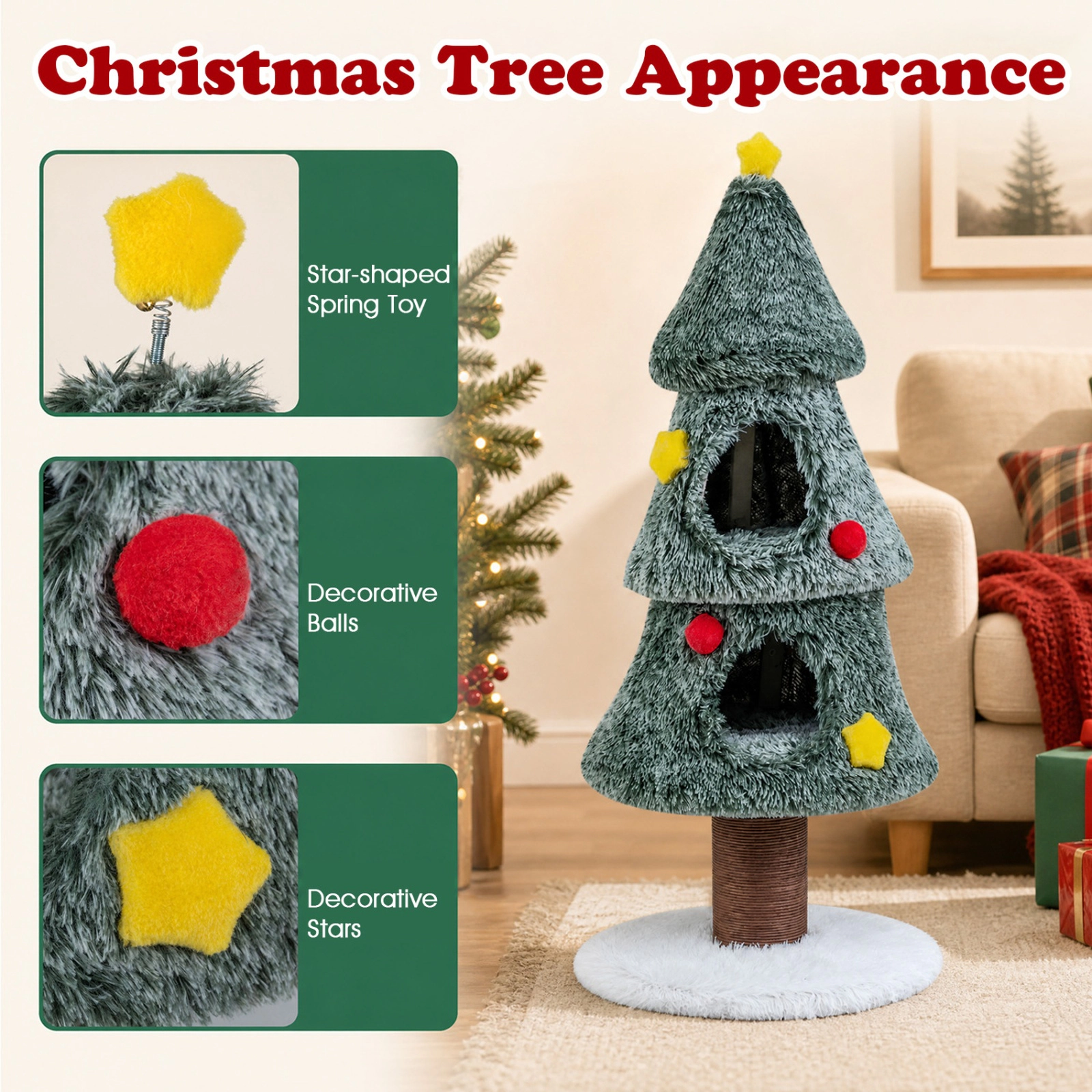 SUGIFT 50-in Tall Christmas Tree Shaped Cat Tree Tower with 2 Condos Scratching Post and Plush Perch