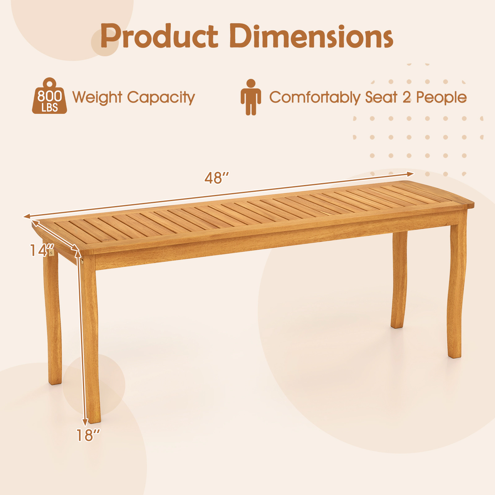 SUGIFT 48-in Long Acacia Wood Outdoor Patio Dining Bench 800-lb Capacity Natural 1-Piece Slatted Seat