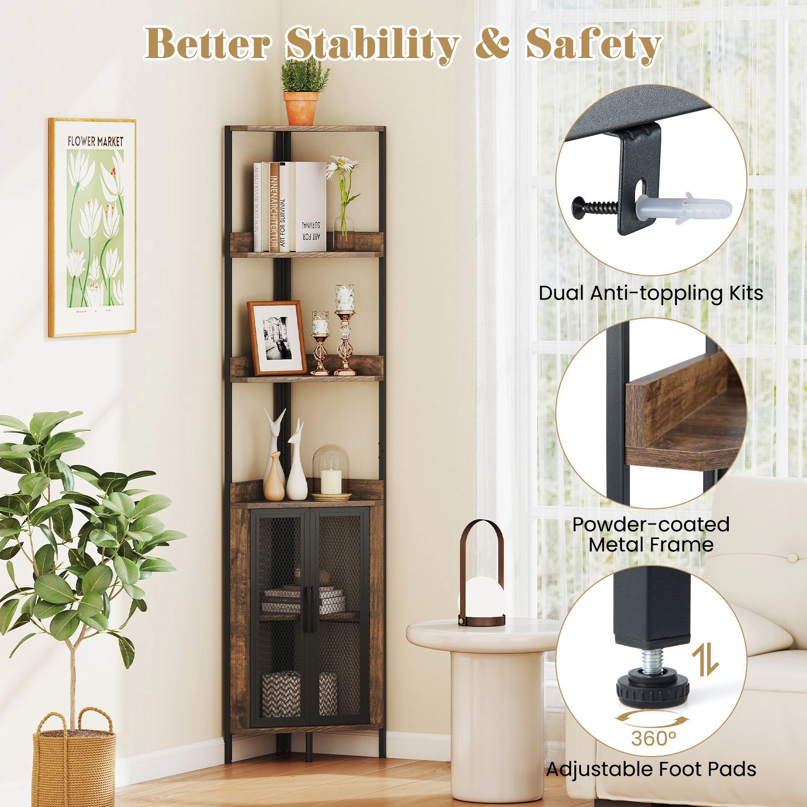 SlickBlue 6-Tier Corner Bookshelf with Storage Cabinet and Open Shelves