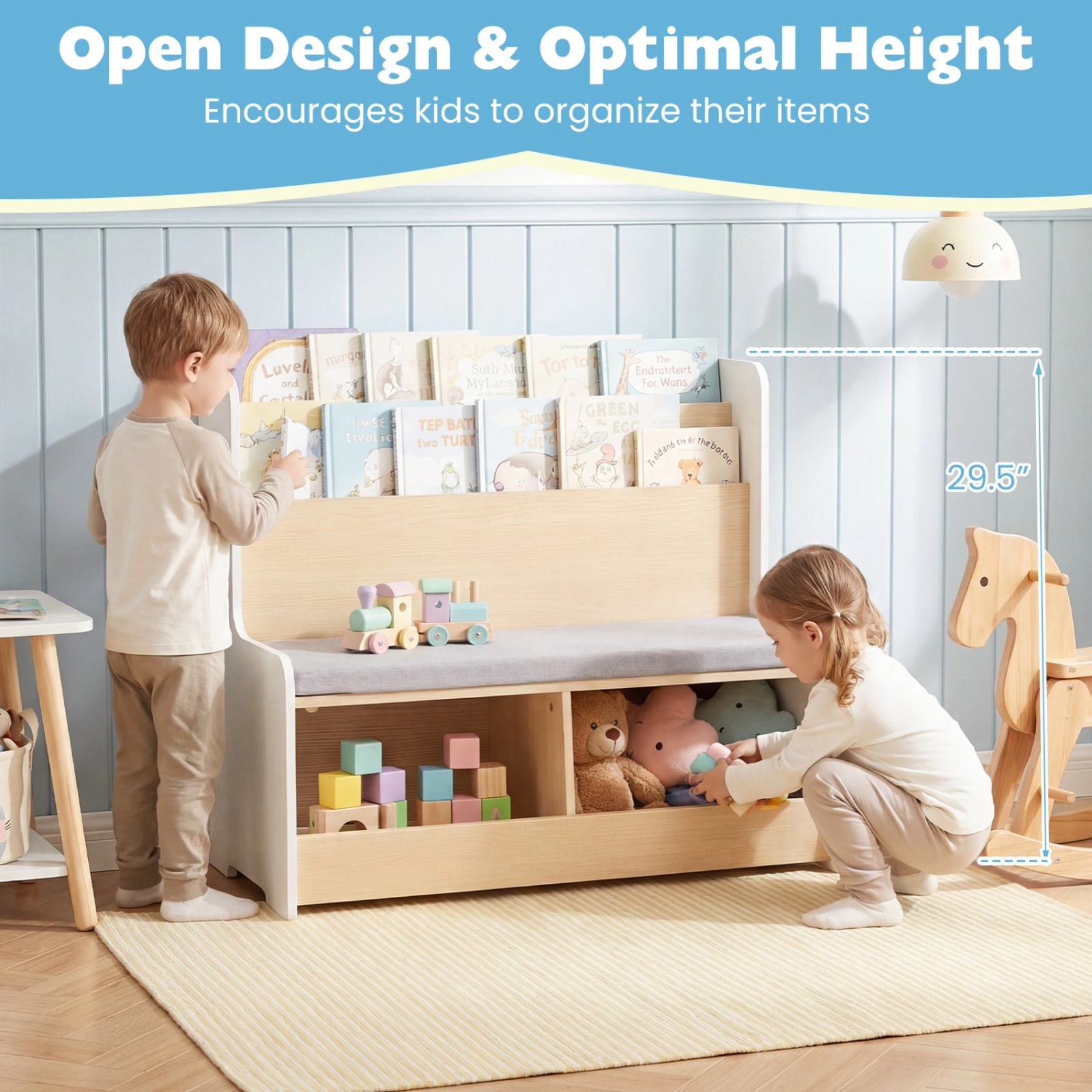 SUGIFT White Frog 3-in-1 Kids Bookshelf Bench with 2 Cubbies and Detachable Cushion