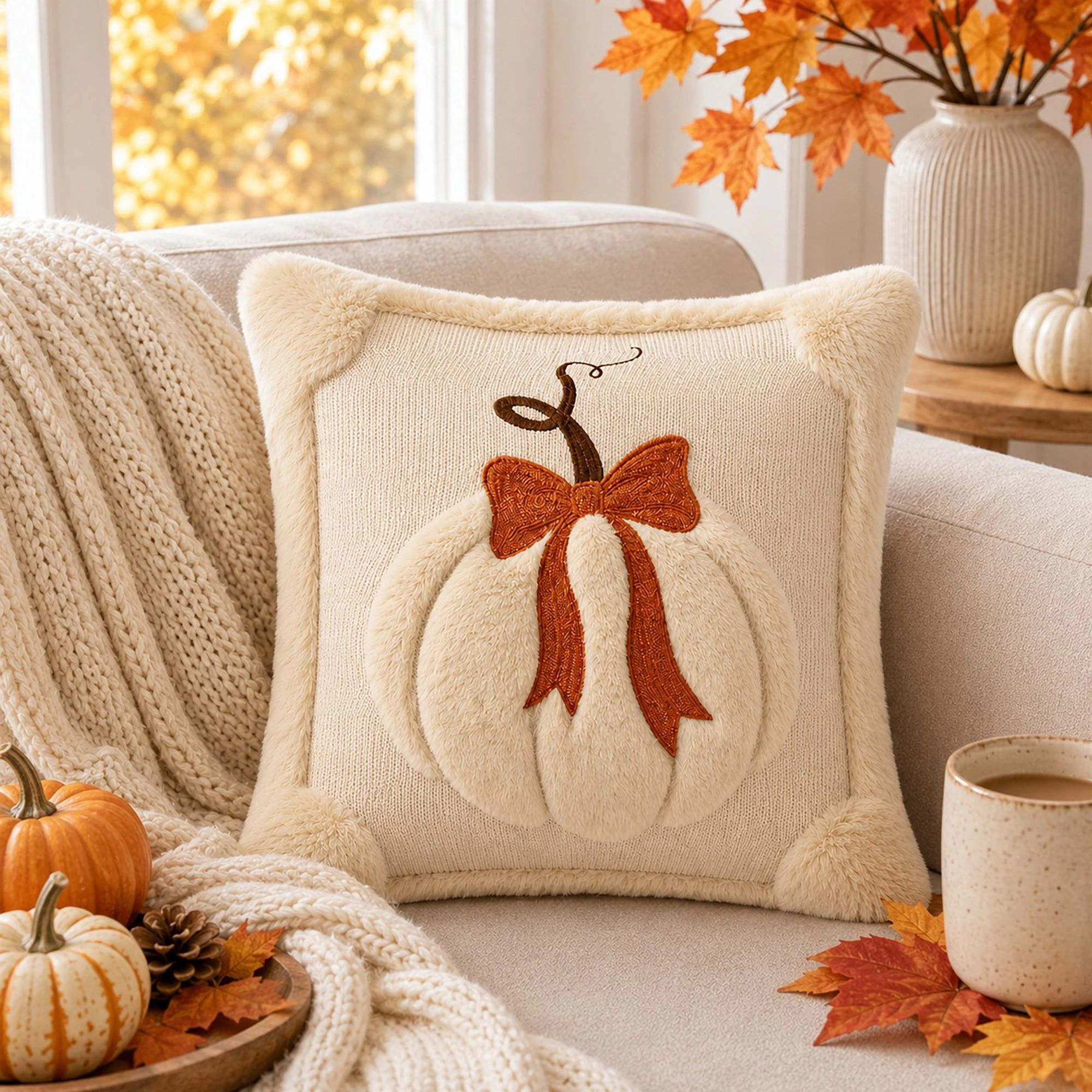 Alilang Fall Textured Pumpkin Bow Decorative Throw Pillow Cover