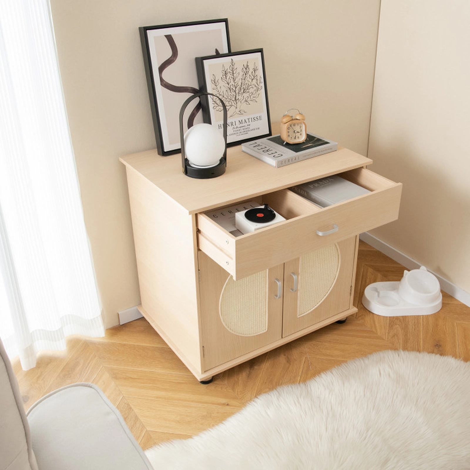 SUGIFT Cat Litter Box Enclosure with Sisal Scratching Doors and Storage 66-lb Tabletop Capacity Natural 1-Pc