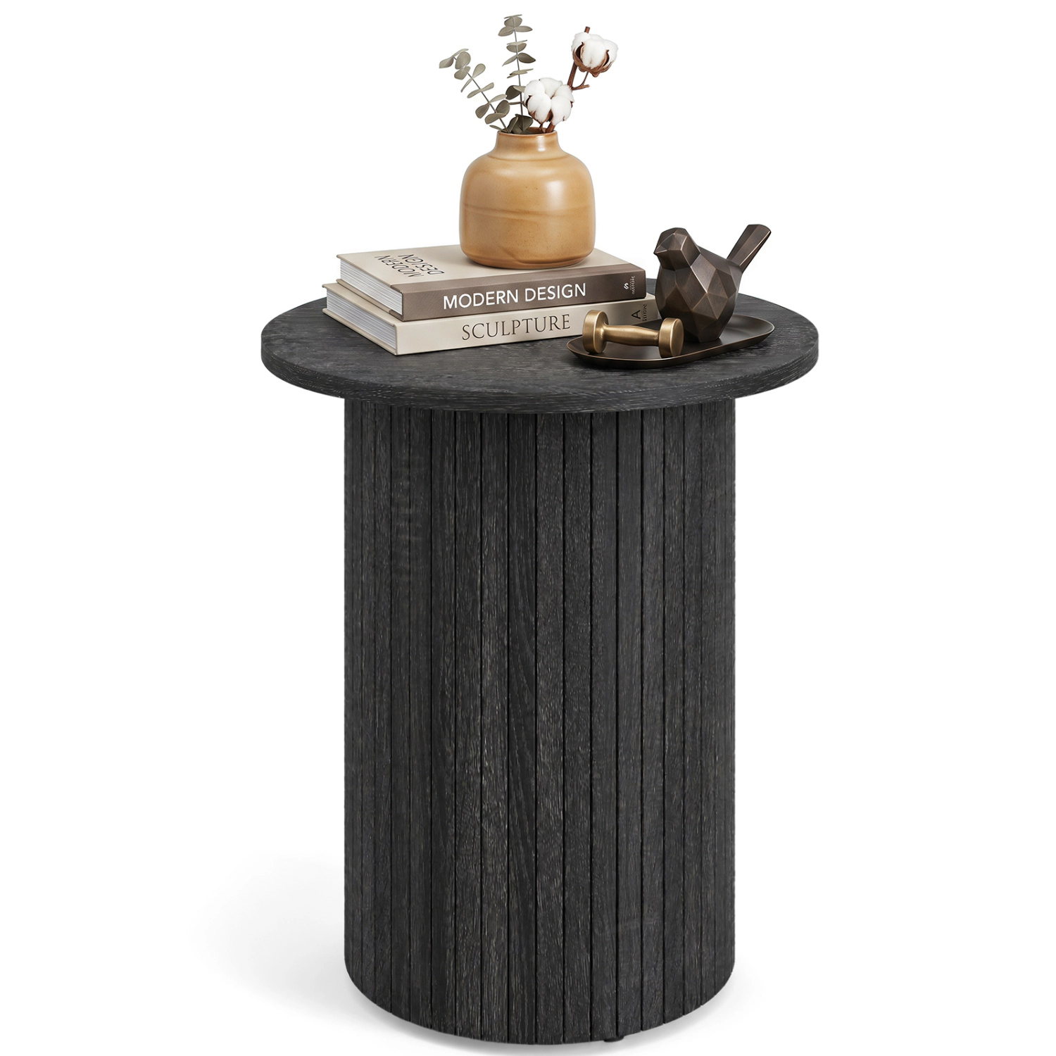 LJG 18" Round Fluted Side Table with Pedestal Drum Design and Non-Slip Foot Pads for Small Spaces