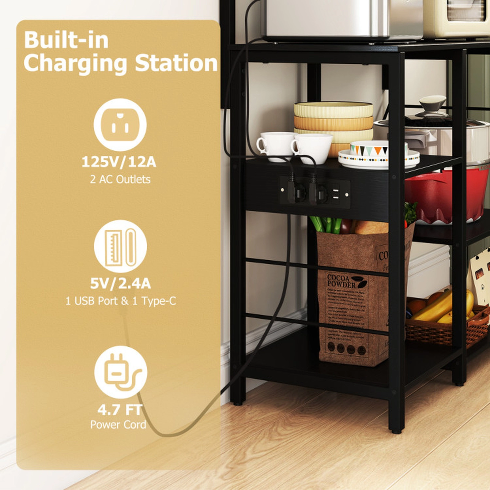 SUGIFT 5-Tier Kitchen Bakers Rack Black with Power Outlets USB Ports and LED Lights