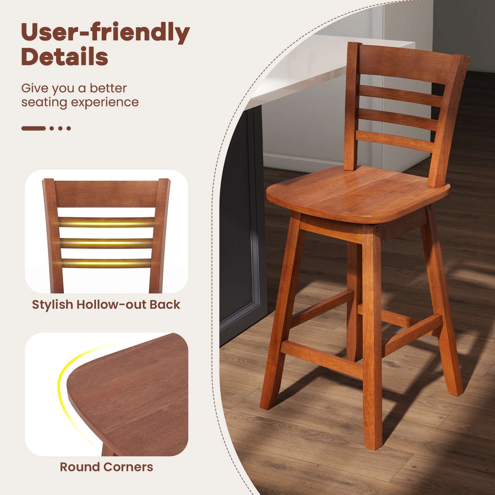Glintex 2-Piece 24.5-Inch Swivel Counter Stool Set with Reclined Hollow Back, Walnut