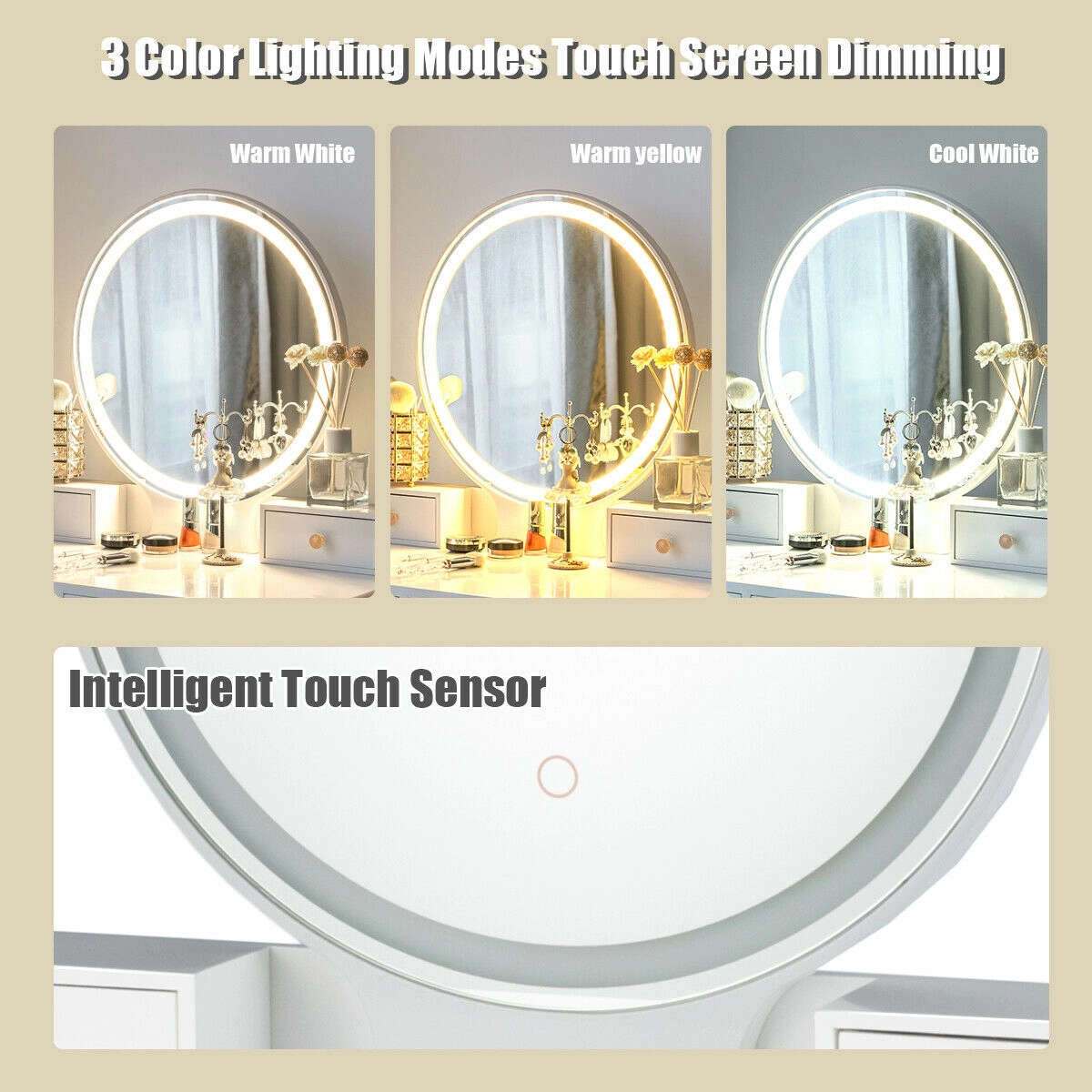 SUGIFT White 4 Drawers 19 Inch Lighted Round Mirror and Stool Makeup Dressing Table Set