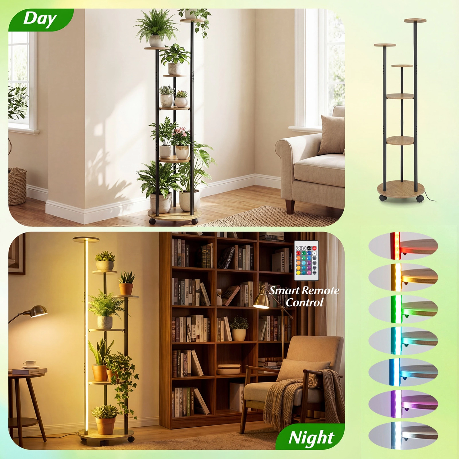 SUGIFT 6 Tier Plant Stand Natural 57 in Tall with RGB Light Strip and Wheels
