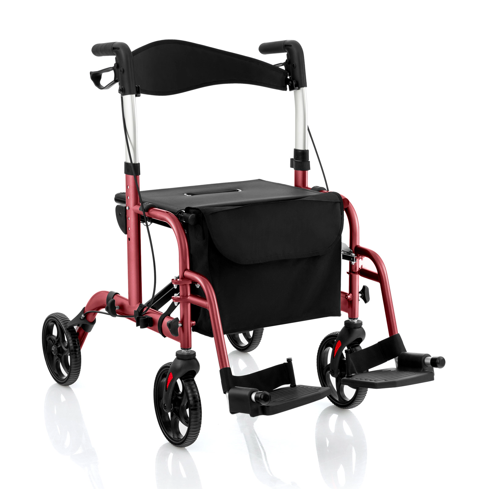 SUGIFT 2-in-1 Adjustable Handle Rollator Walker and Wheelchair 300-Lb Capacity 33.5-38.5-in Adjustable Height Red