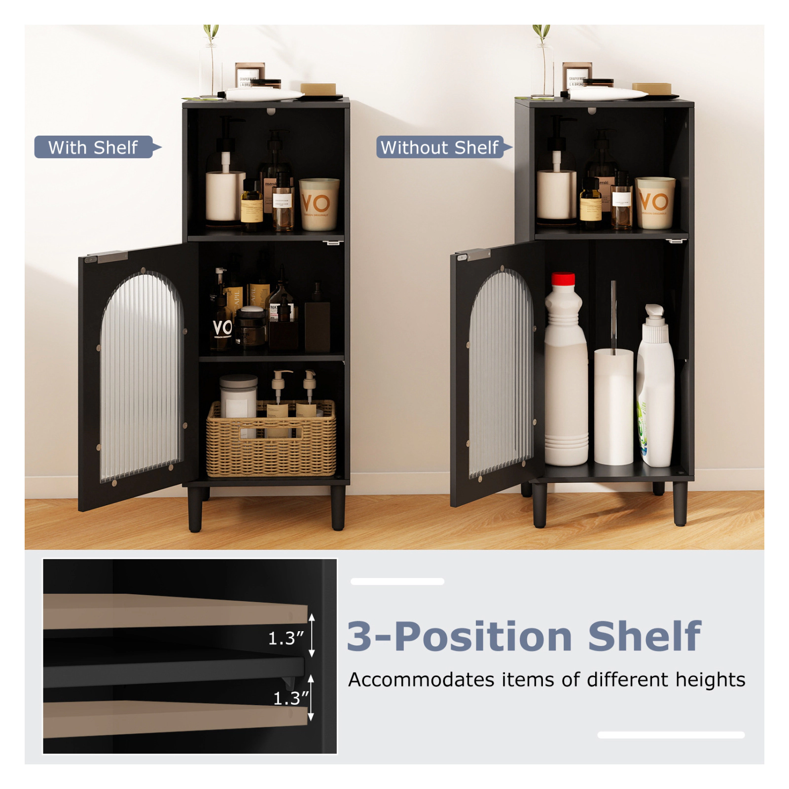 Glintex Bathroom Side Cabinet with Wavy Tempered Glass Door and Solid Wood Legs
