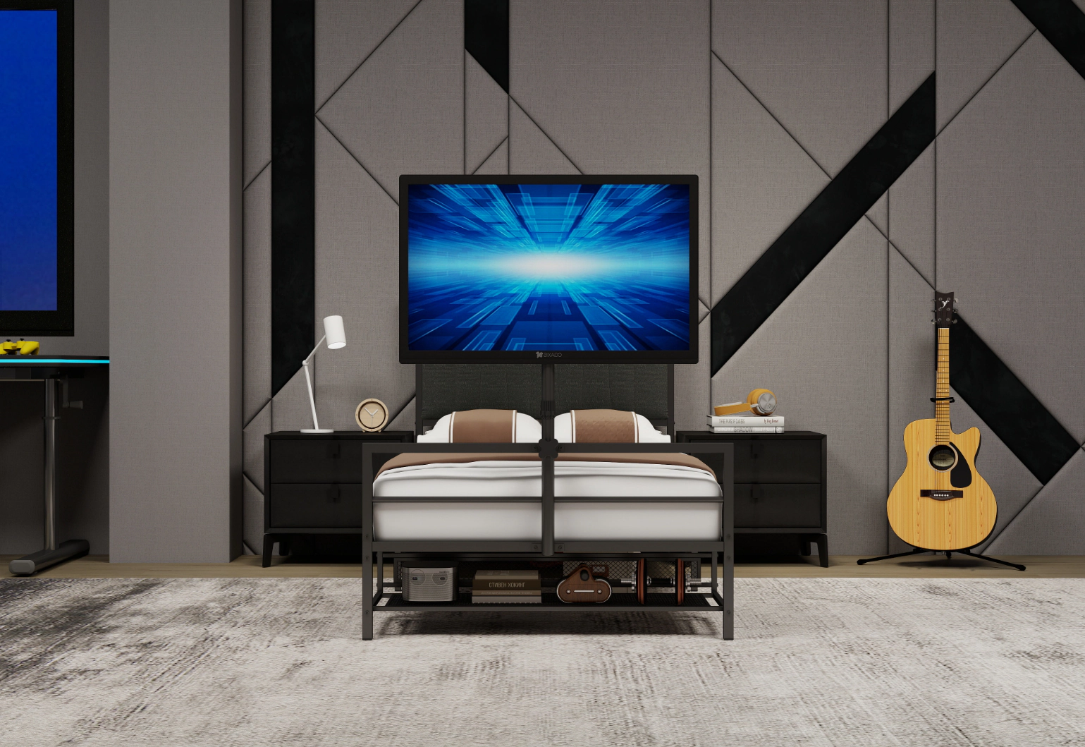 Flynama Twin Gaming Bed with Rotating TV Mount for 65" TVs, LED & Power Board