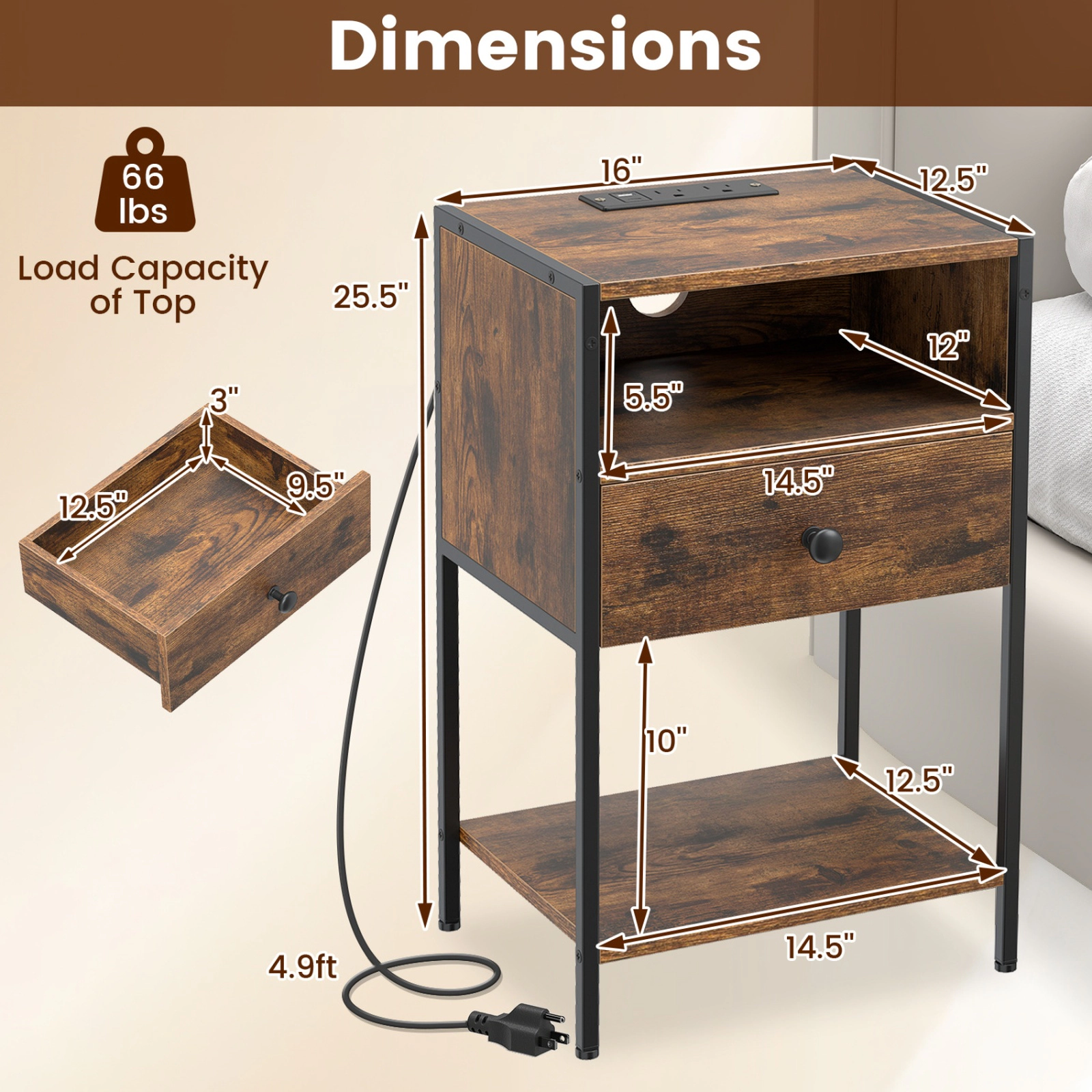 SUGIFT 25.5-In Rustic Brown Nightstand with Charging Station