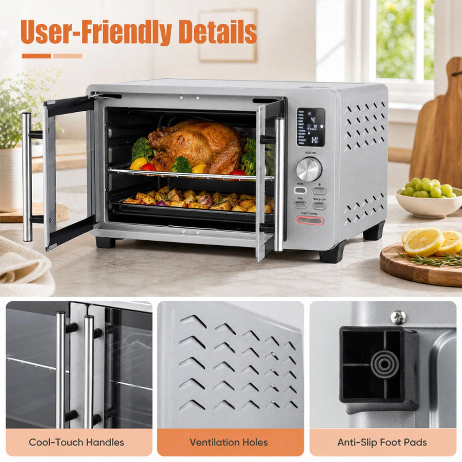 SUGIFT Silver French Door Convection Toaster Oven with Air Fry and 11 Presets 26.4-Quart 18.5-in W 16-in D