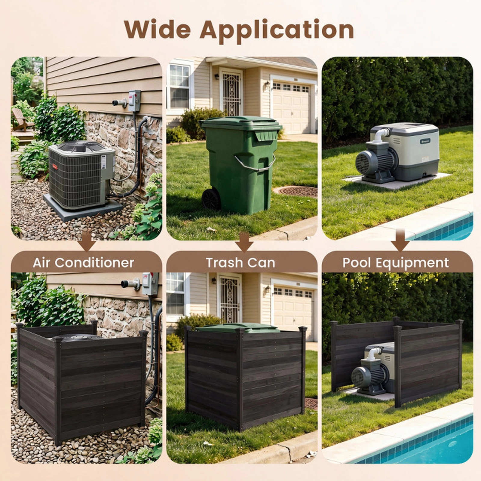 SUGIFT 3-Panel Fir Wood Outdoor Privacy Garden Trellis Fence for Air Conditioner Units 45.5-in Tall Brown/Black/Natural