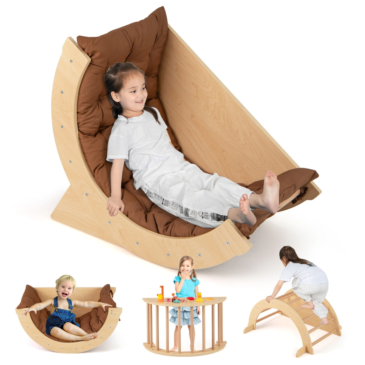SUGIFT Montessori Kids Climbing Arch Rocker with Cushion 110-lb Capacity Ages 1+ 31.5-in Frame Coffee Beige Natural