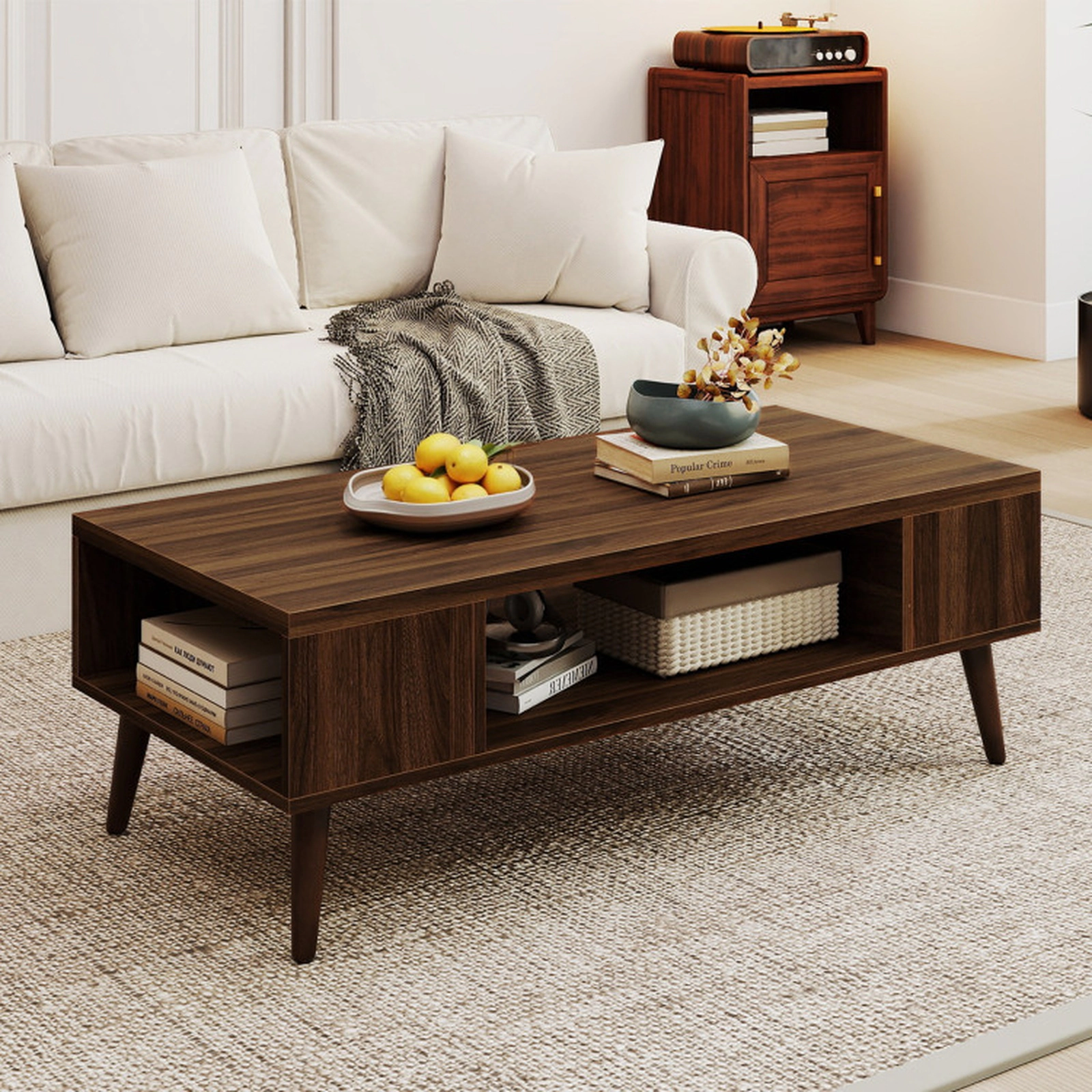 SUGIFT Mid Century Modern Rectangular Coffee Table with Open Compartment and Side Shelves 88-lb Tabletop Capacity Walnut