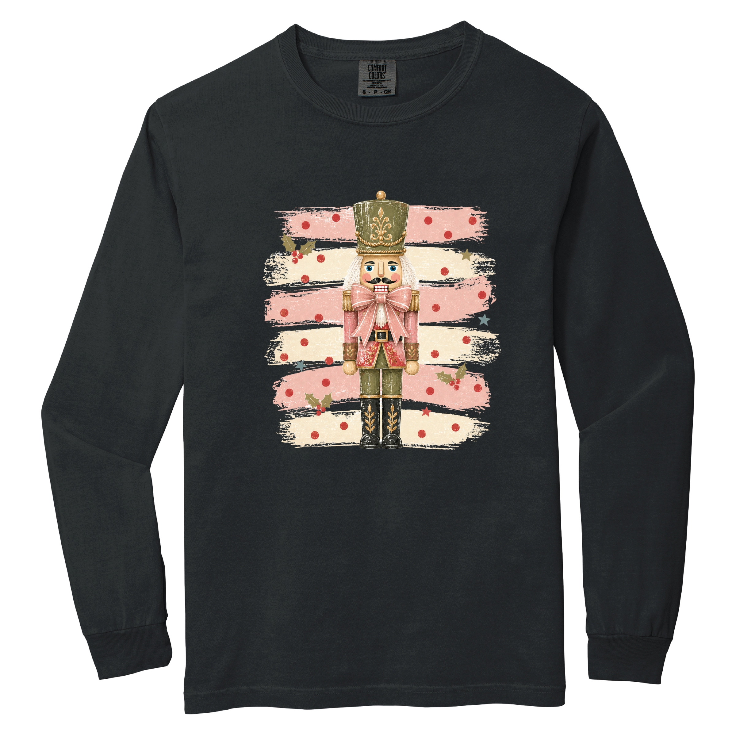 Simply Sage Market - Women's Garment Dyed Long Sleeve Graphic T-Shirt Nutcracker Stripes and Polka Dots