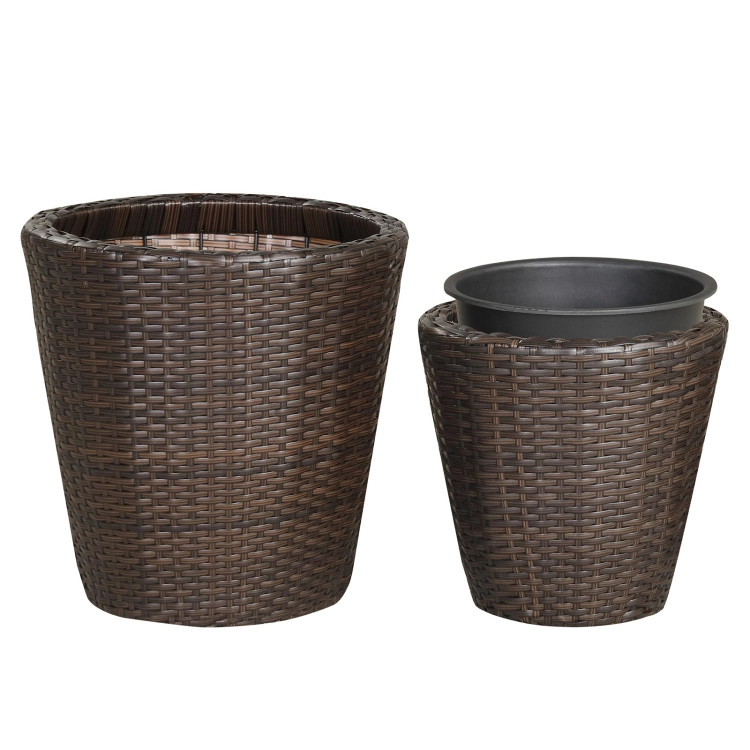 Hivvago Set of 2 Plastic Taper Rattan Planters with Drainage Holes and Saucers