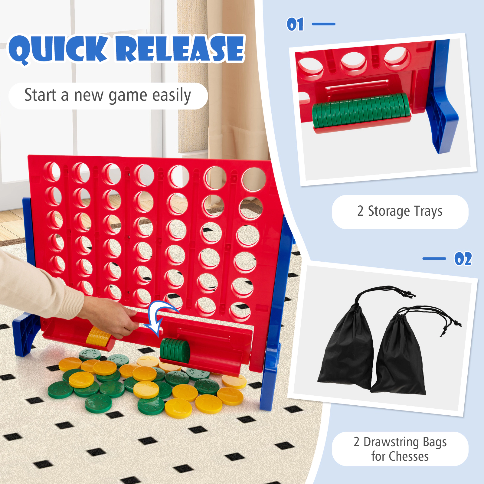 Hivvago Jumbo 4-to-Score Connect Game Set with Carrying Bag and 42 Coins-Orange
