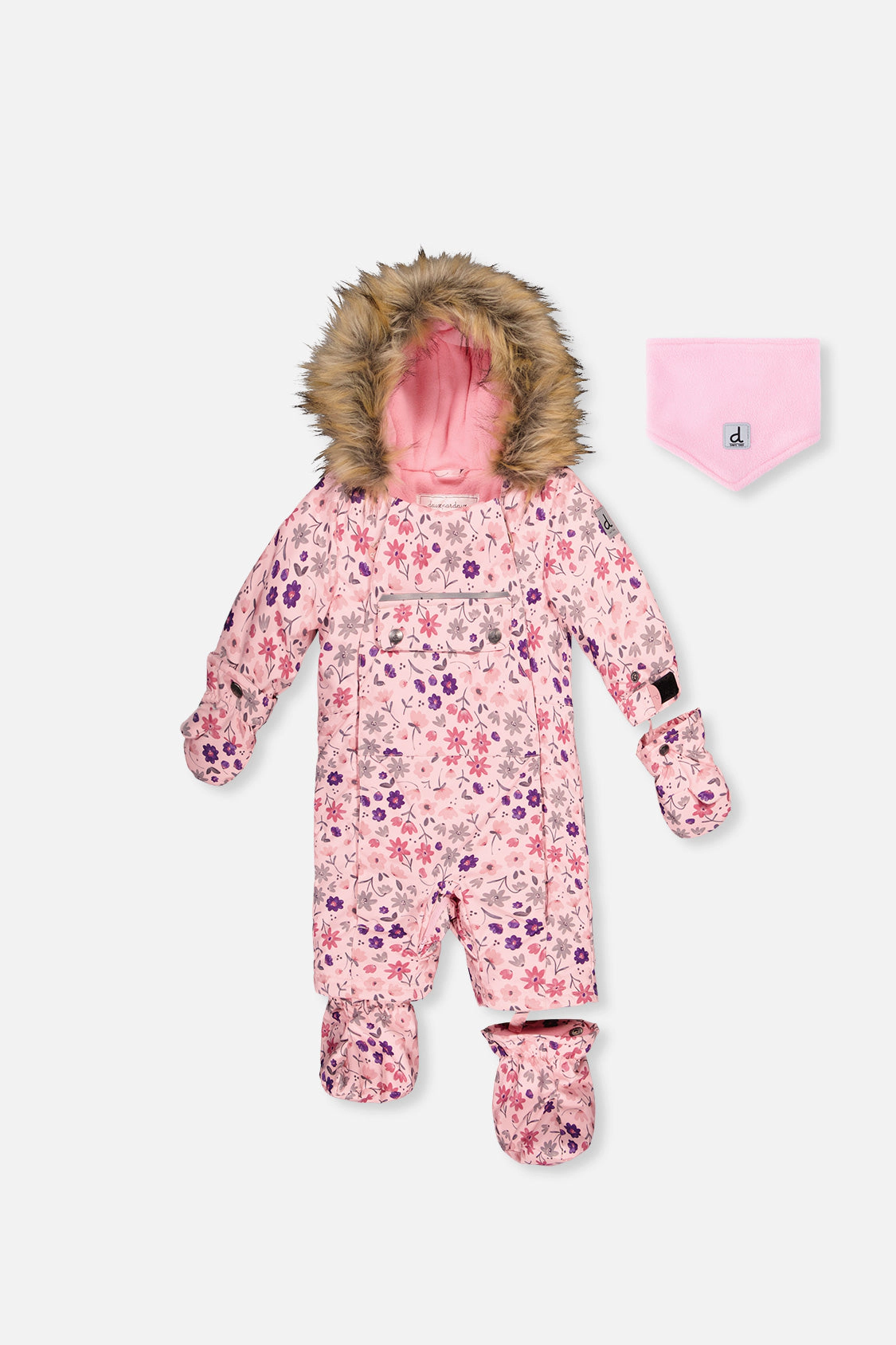 Deux par Girls Mini Flower Print One Piece Snowsuit Adapted for Car Seats with Detachable Hood