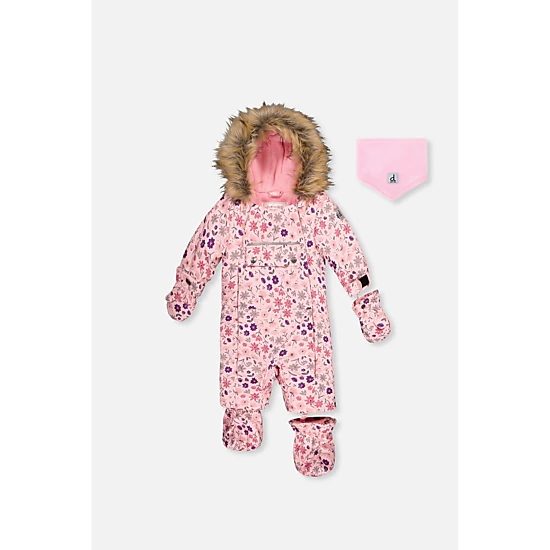 Deux par Deux Girls Mini Flower Print One Piece Snowsuit Adapted for Car Seats with Detachable Hood