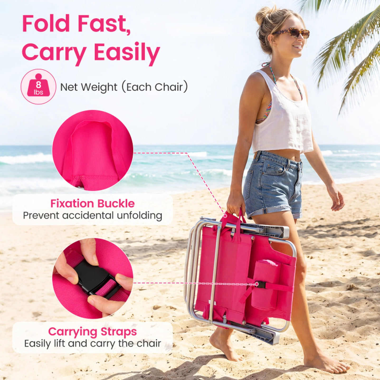 SUGIFT 2-Pack Pink Folding Backpack Beach Chairs with 7-Position Recline, Cooler Bag and Cup Holders
