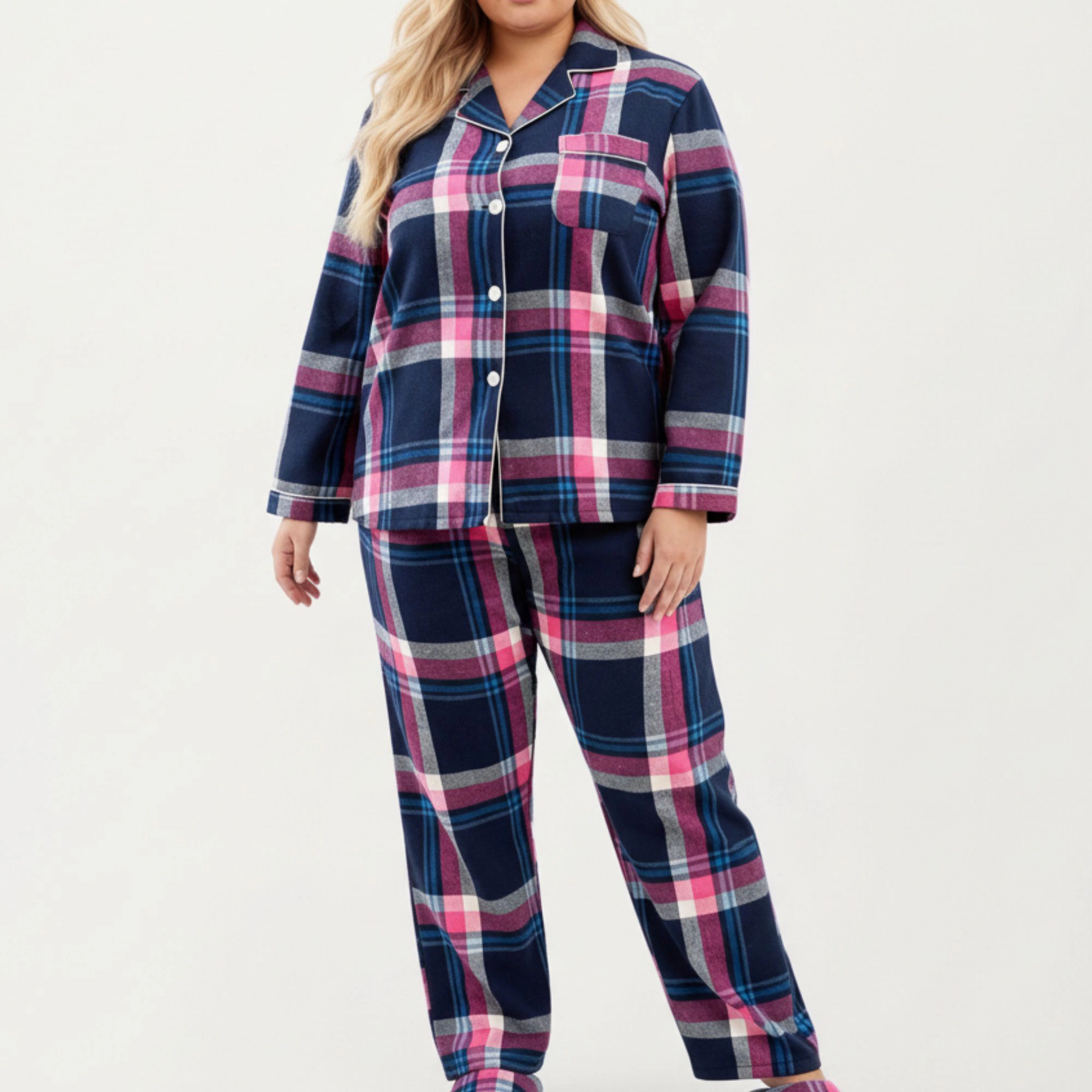 Anna-Kaci Women's Plus 2-Piece Plaid Flannel Pajamas with Button Front Long Sleeve Top and Soft Relaxed Fit Pants