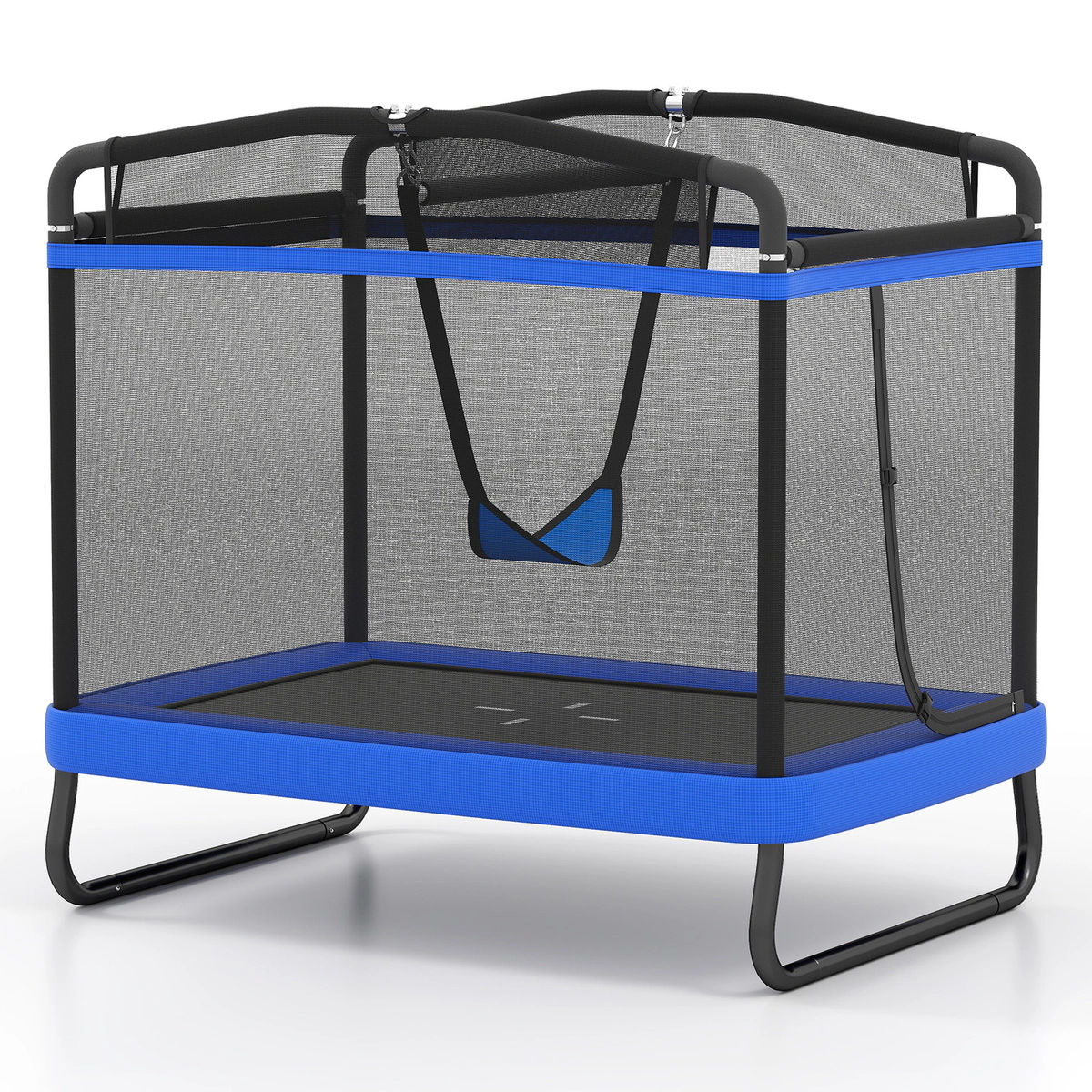 SUGIFT 6 ft Kids Rectangle Trampoline with Swing and Horizontal Bar 132-lb Trampoline Capacity Ages 3+ Blue/Pink