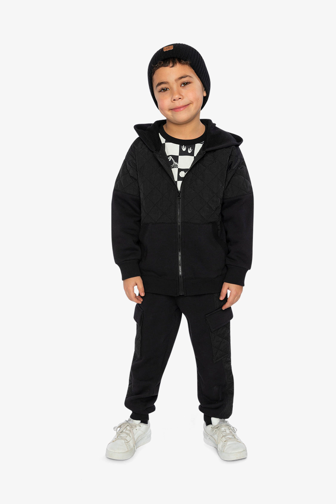 Deux par Boys Full Zip Hooded Bi-Material Cardigan with Quilted Chest Panel