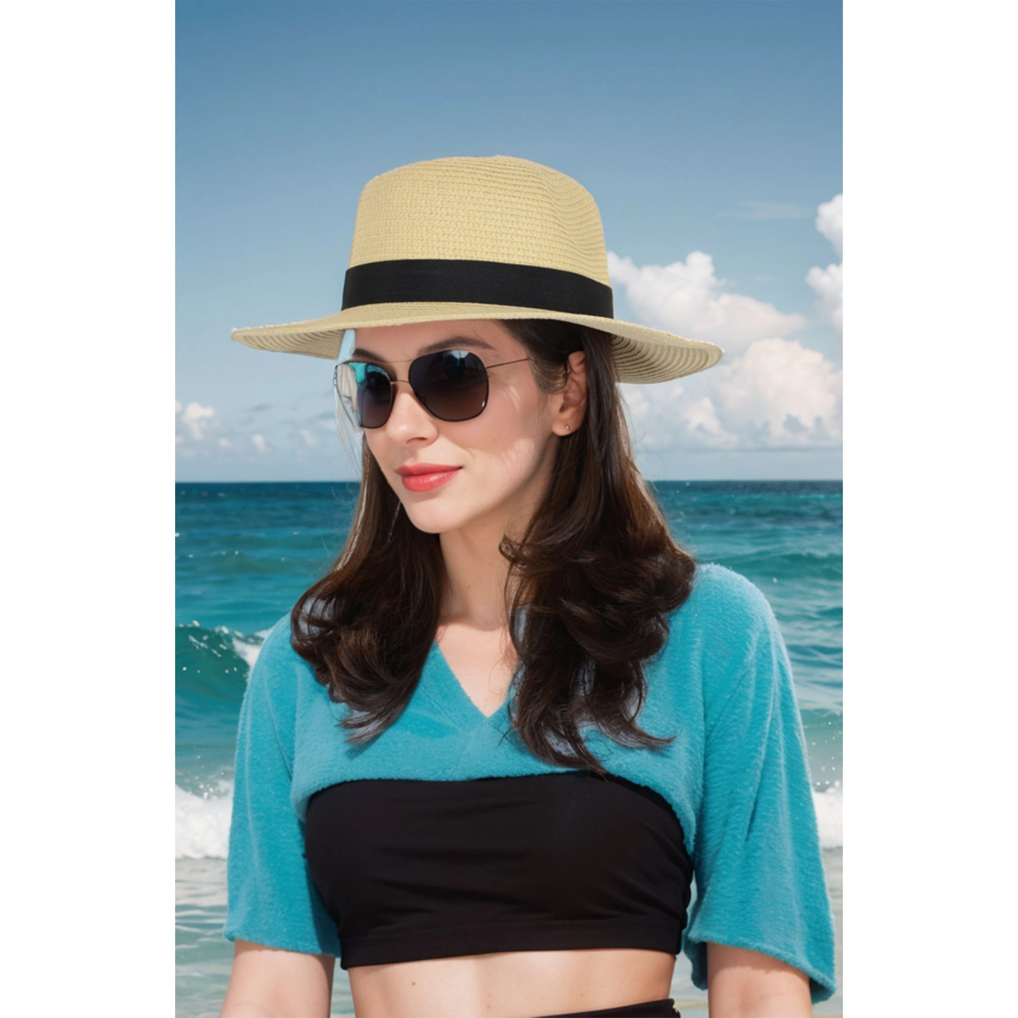 Anna-Kaci Women's Wide Brim Straw Fedora Sun Hat with Black Band Lightweight Packable Summer Panama