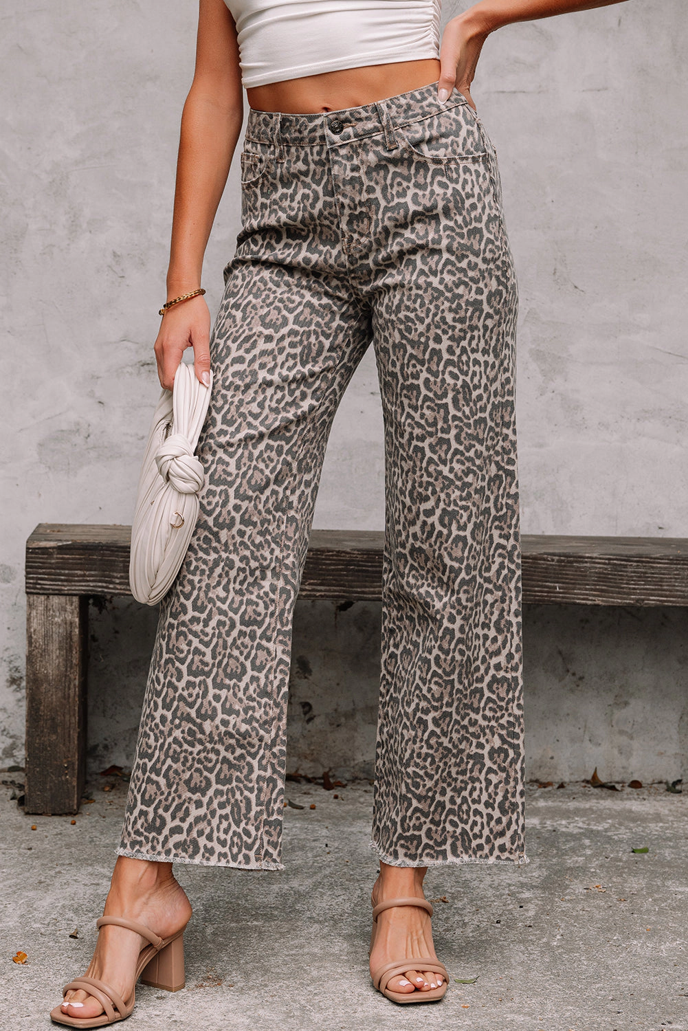 Threaded Pear Women's Brianna Leopard Frayed Edge Wide Leg High Waist Jeans