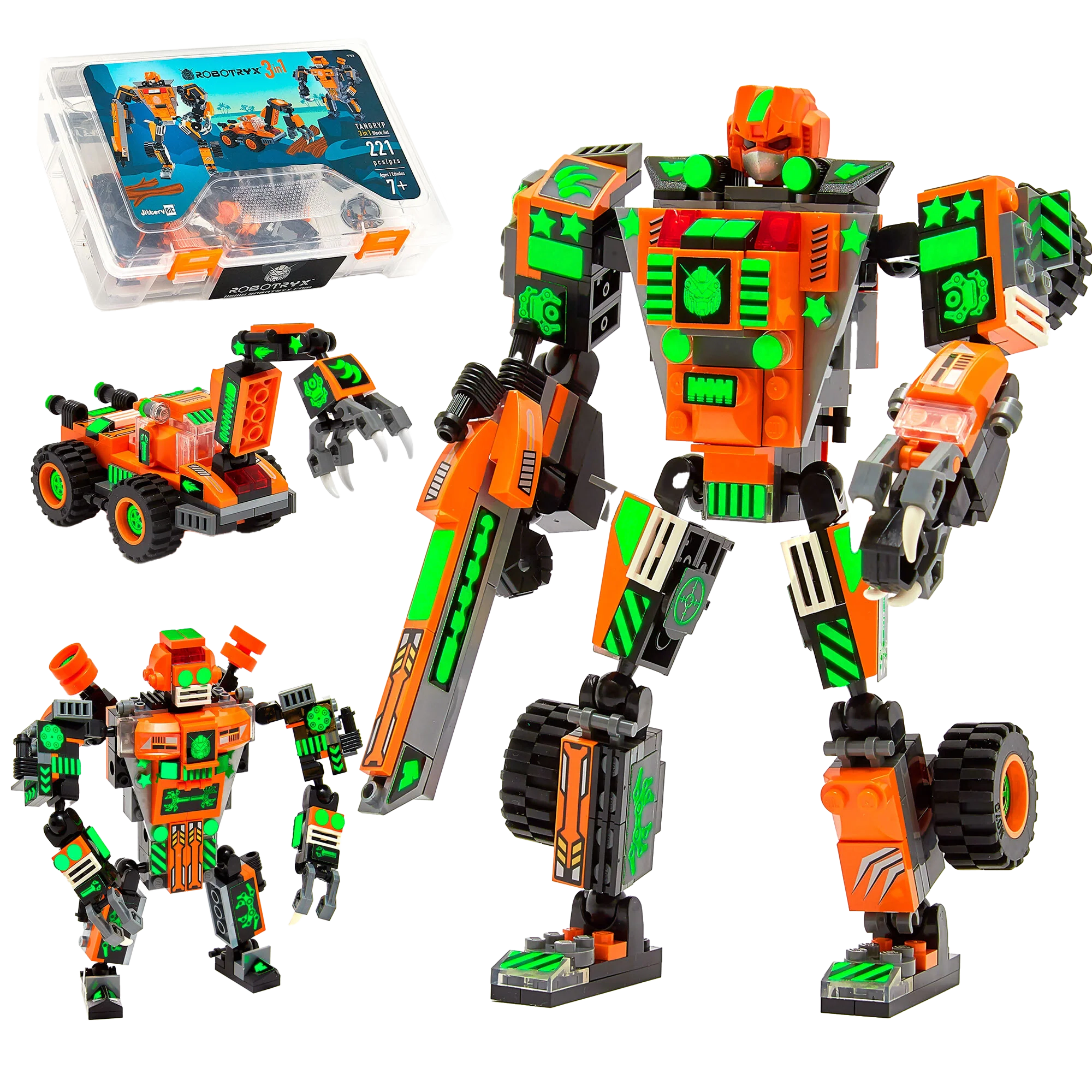 Robotryx Kids Tangryp 3-in-1 Robot Building Set - 221-Piece Orange Mech with Blaster & Claw