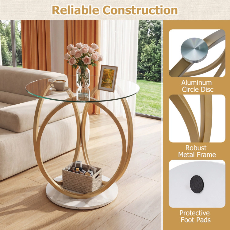 Hivvago Round End Table Faux Marble Side Table With Tempered Glass Tabletop