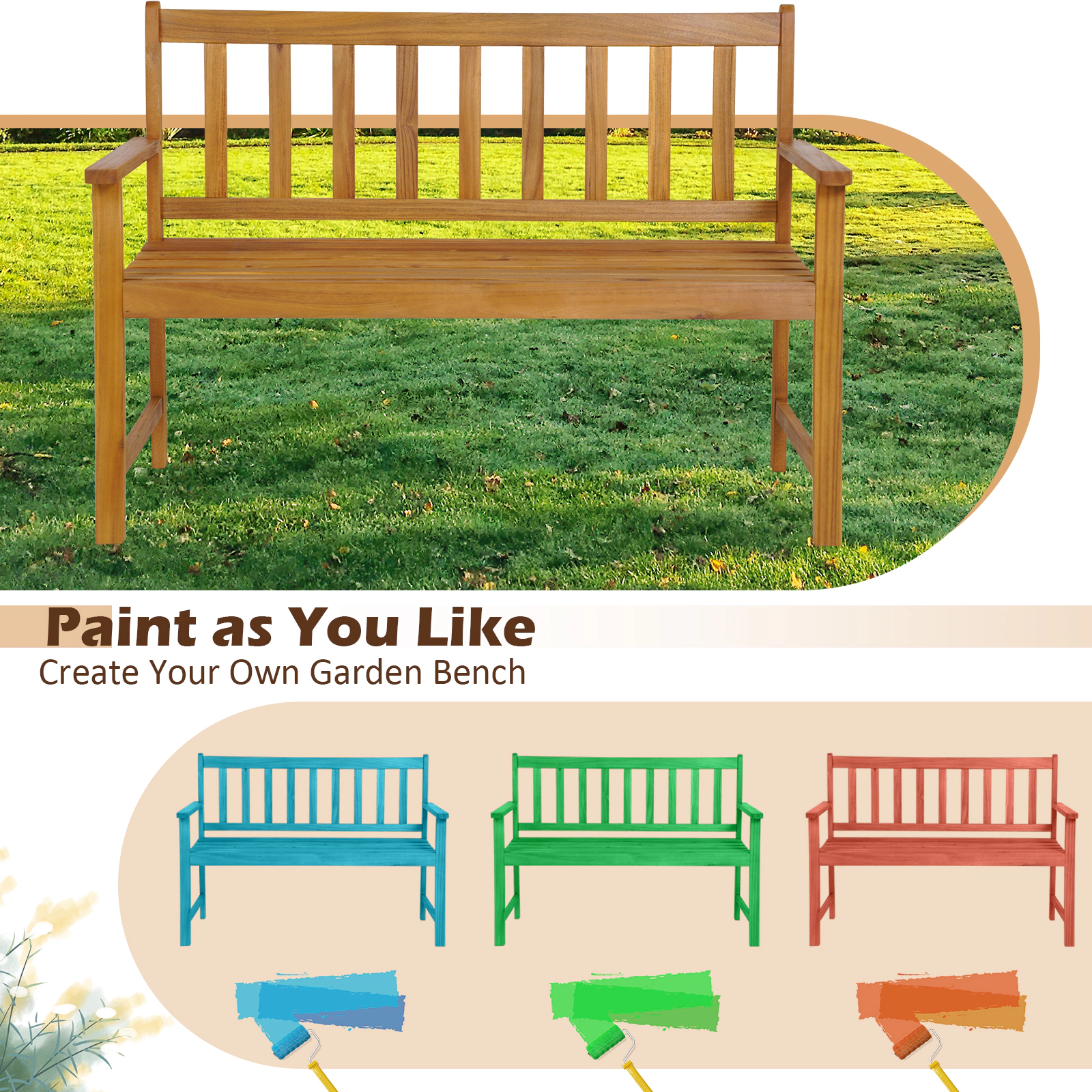 SUGIFT 48-Inch Acacia Wood Outdoor Park Bench, 2-Person, Slatted Backrest, Natural Finish