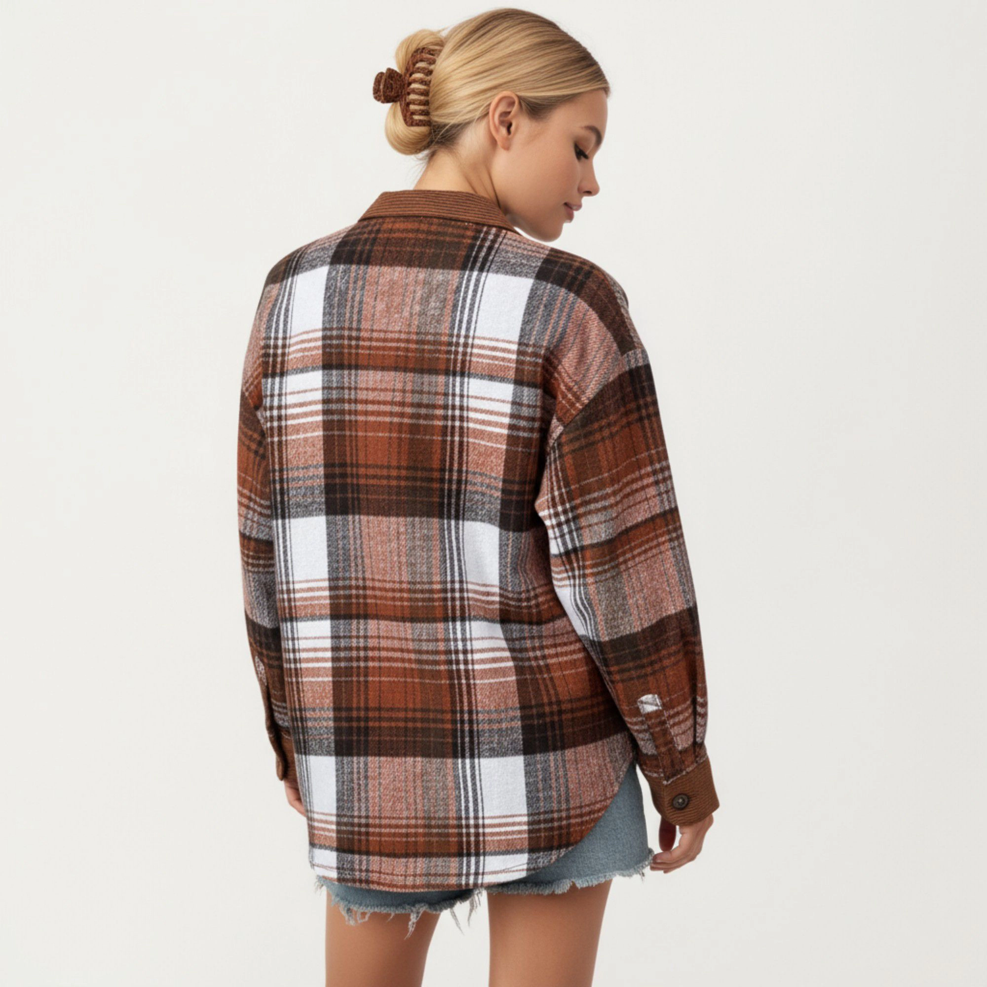 Anna-Kaci Women's Plaid Button Front Shirt Jacket with Soft Corduroy Contrast Long Sleeves Chest Pocket Detail