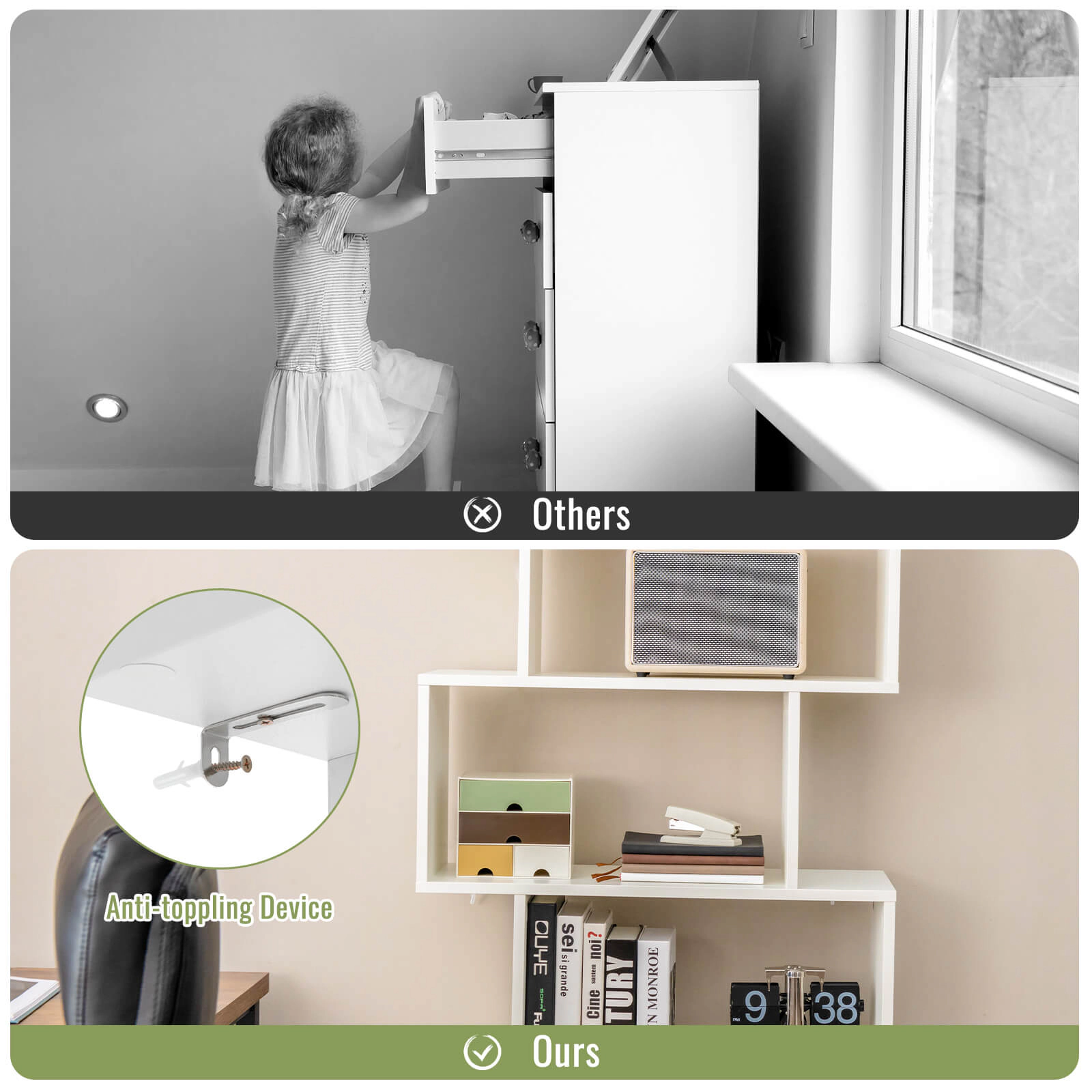 SUGIFT White 6-Tier S-Shaped Freestanding Bookshelf with Cabinet and Doors