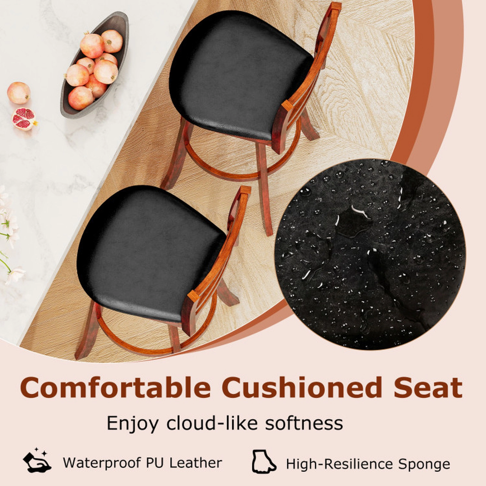 SUGIFT Set of 2 Counter-Height Swivel Bar Stools, PU Leather, Curved Backrest and Footrest