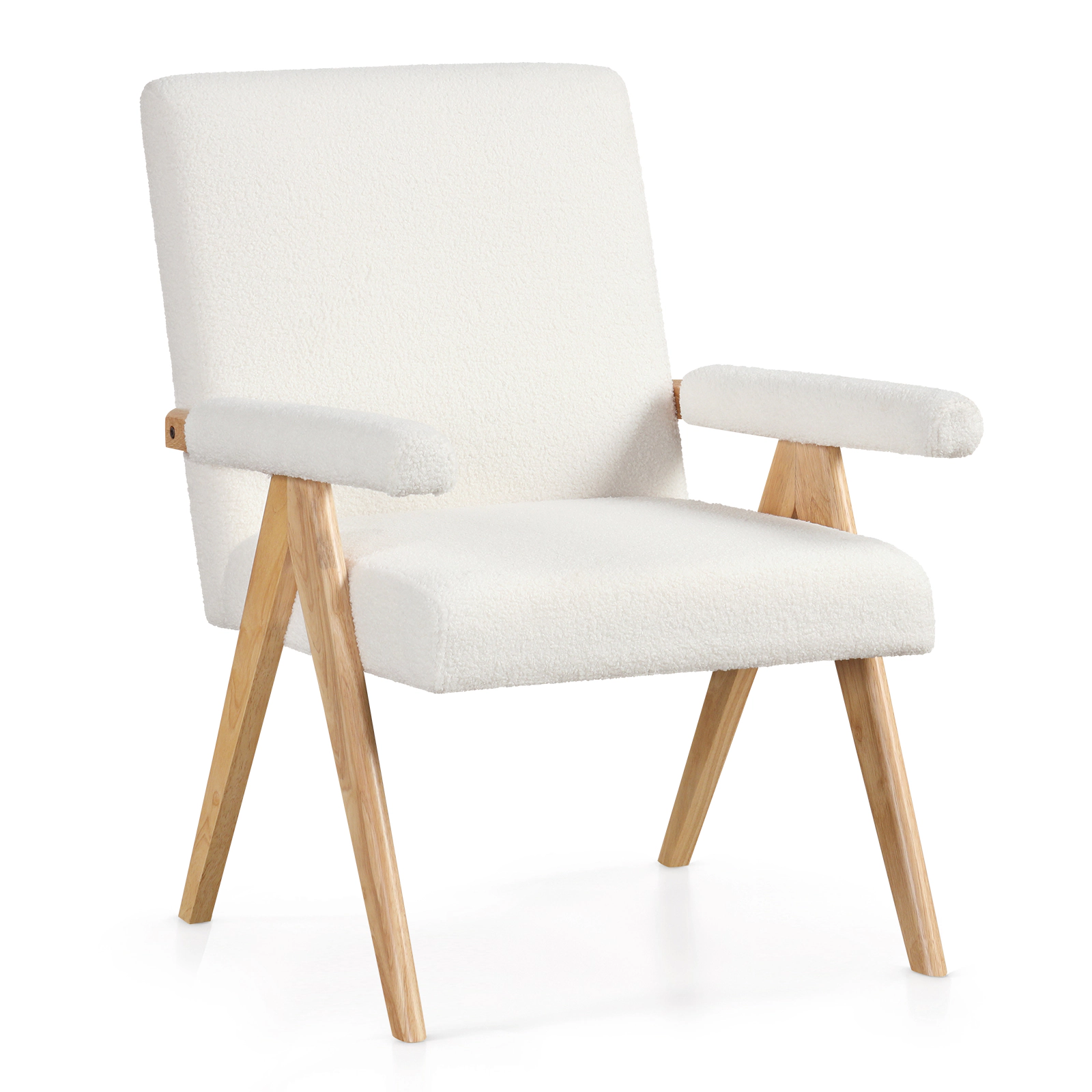 SUGIFT Mid Century Modern Rubber Wood Accent Chair with Sherpa Fabric 26-in Wide Seat 350-lb Capacity Beige and Natural