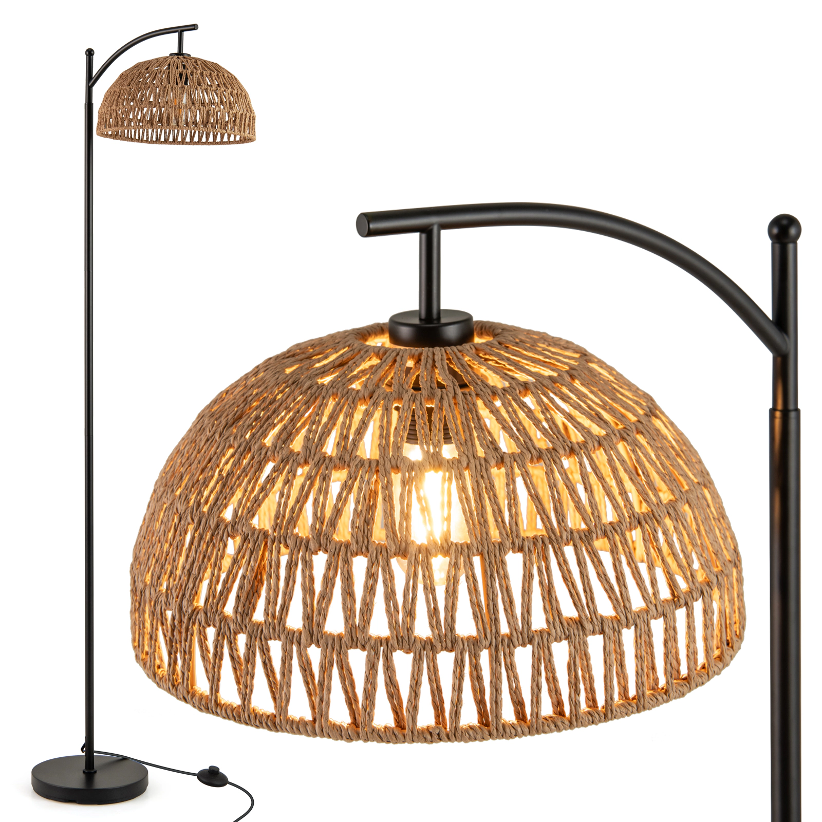 SUGIFT 63-in Tall Metal Arc Floor Lamp with Hanging Paper Rope Lampshade E26 Socket Foot Switch Black