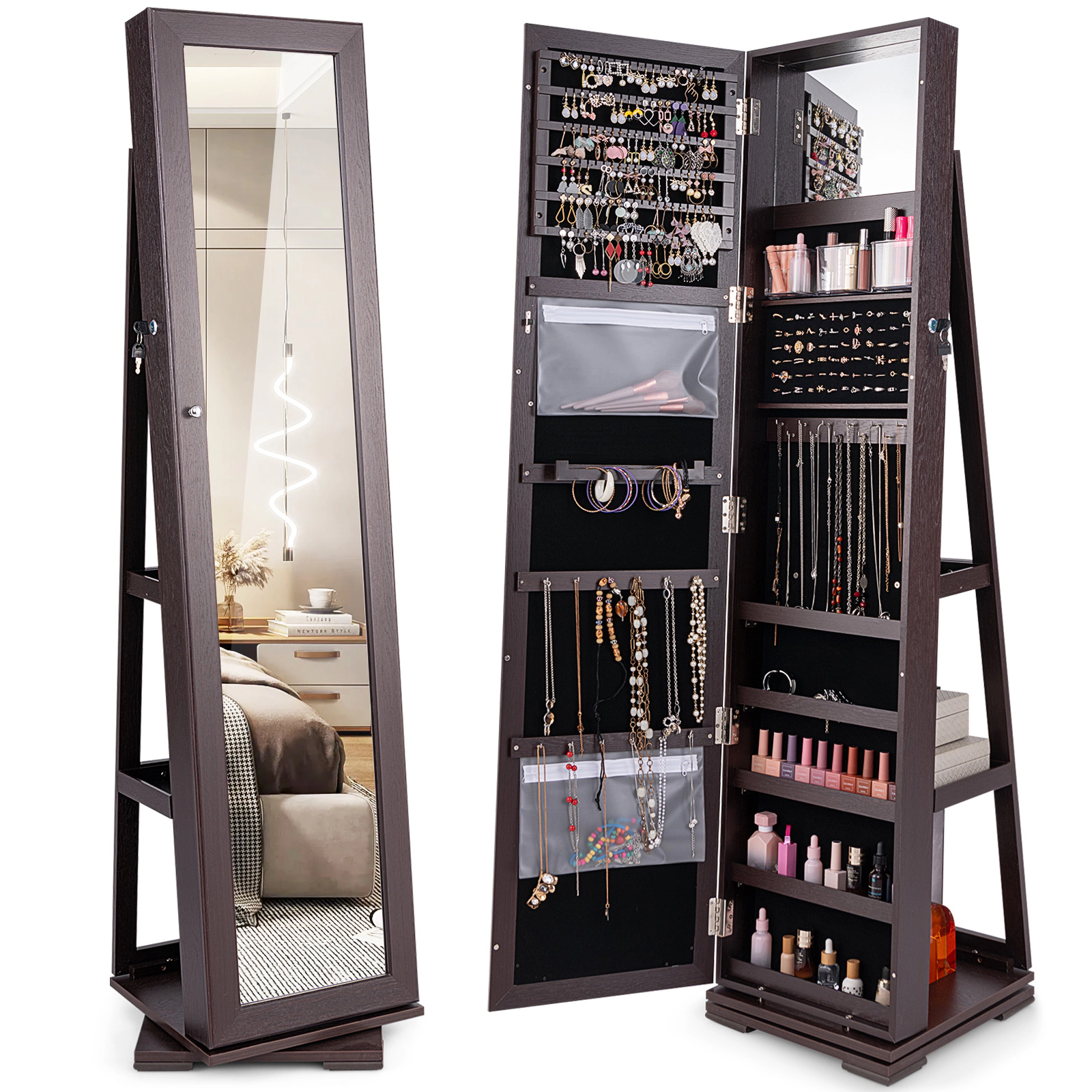 Hivvago 360° Rotatable 2-in-1 Lockable Jewelry Cabinet with Full-Length Mirror
