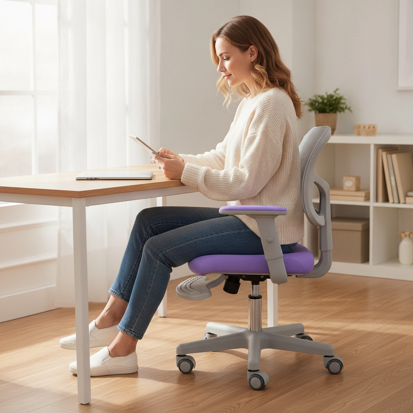 SUGIFT Purple Kids Ergonomic Desk Chair with Adjustable Footrest and Flip-Up Arms