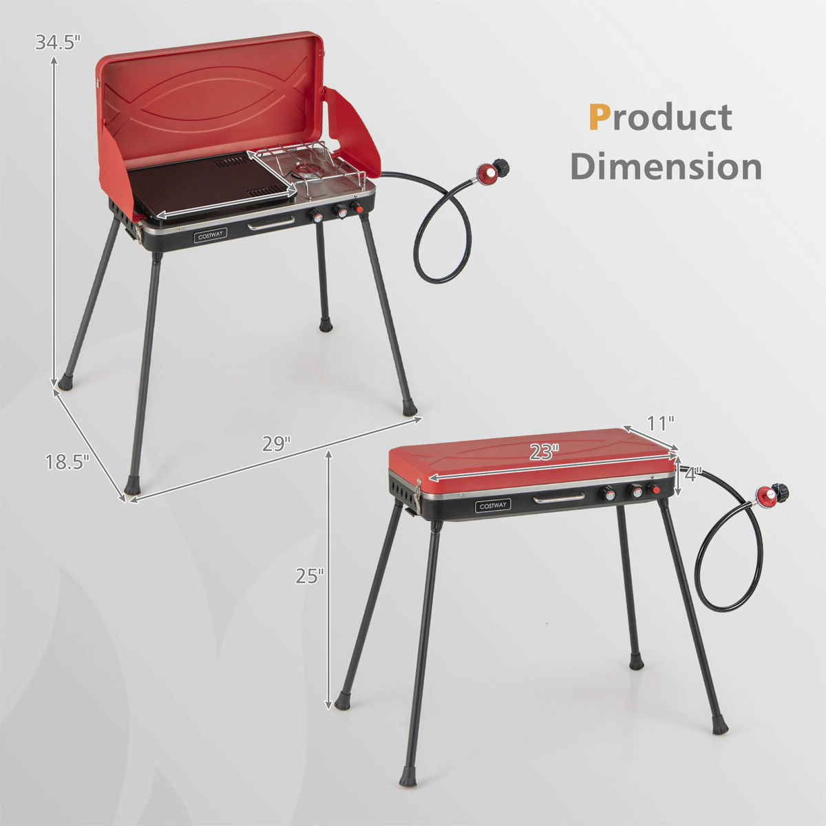 SUGIFT 2-in-1 Red Gas Camping Grill and Stove with Dual Burners Removable Grease Collector and 4 Legs