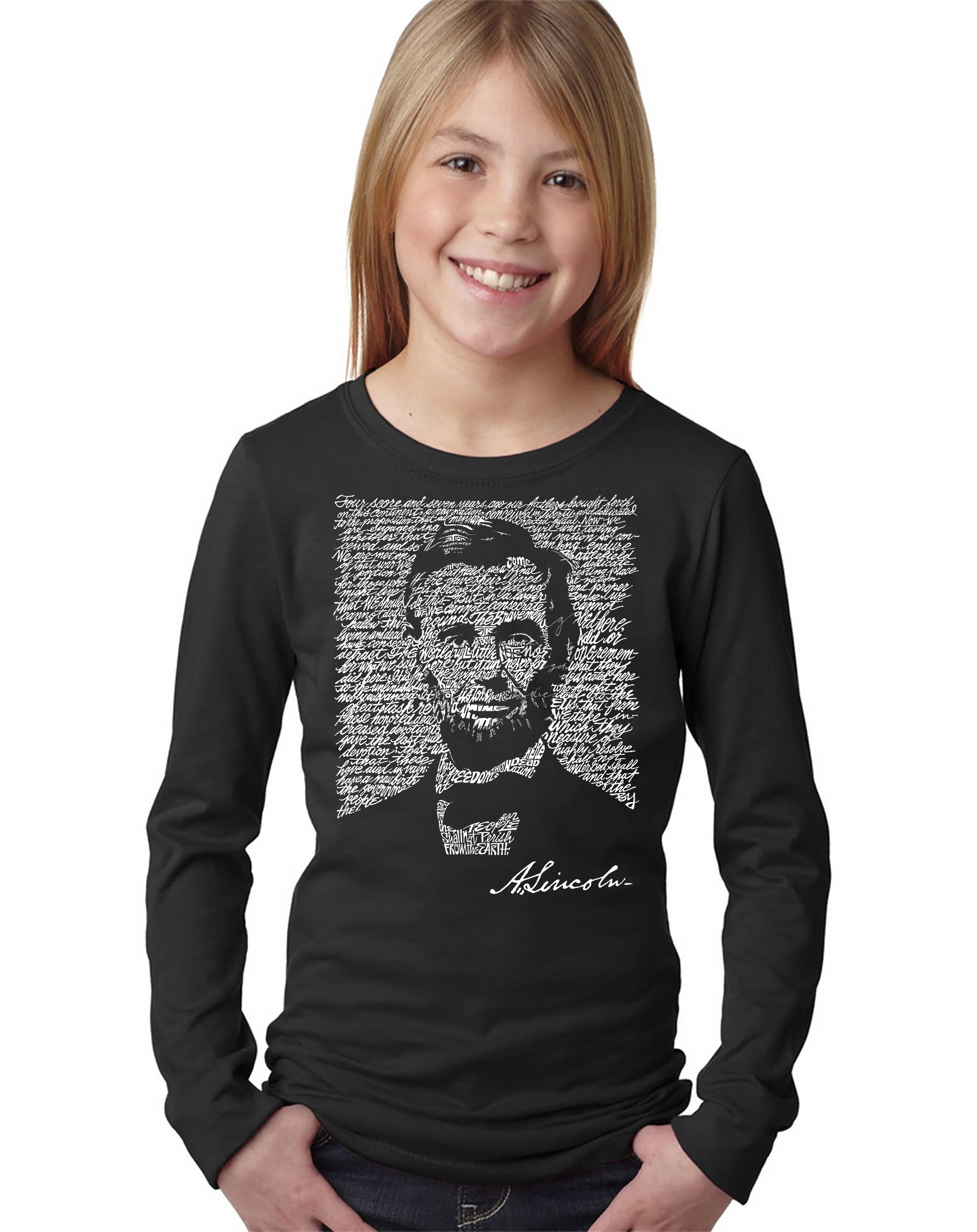 LA Pop Art Girls Long Sleeve Word T-Shirt - ABRAHAM LINCOLN GETTYSBURG ADDRESS