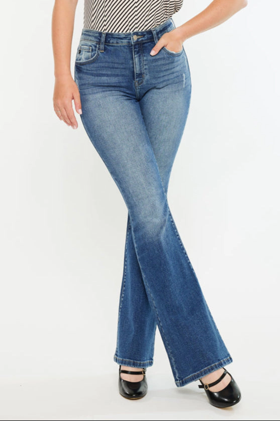 KanCan Women's Curvy Essentials High Rise Wide Flare Jeans Tana