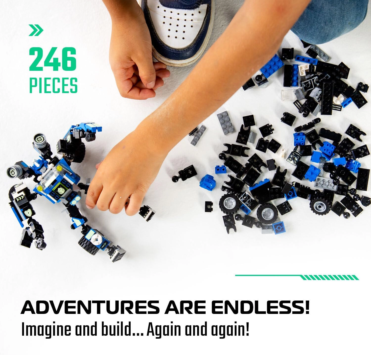 Robotryx Kids Snabglider 3-in-1 Robot Building Set - 246-Piece Blue Warrior & Puma with Forklift